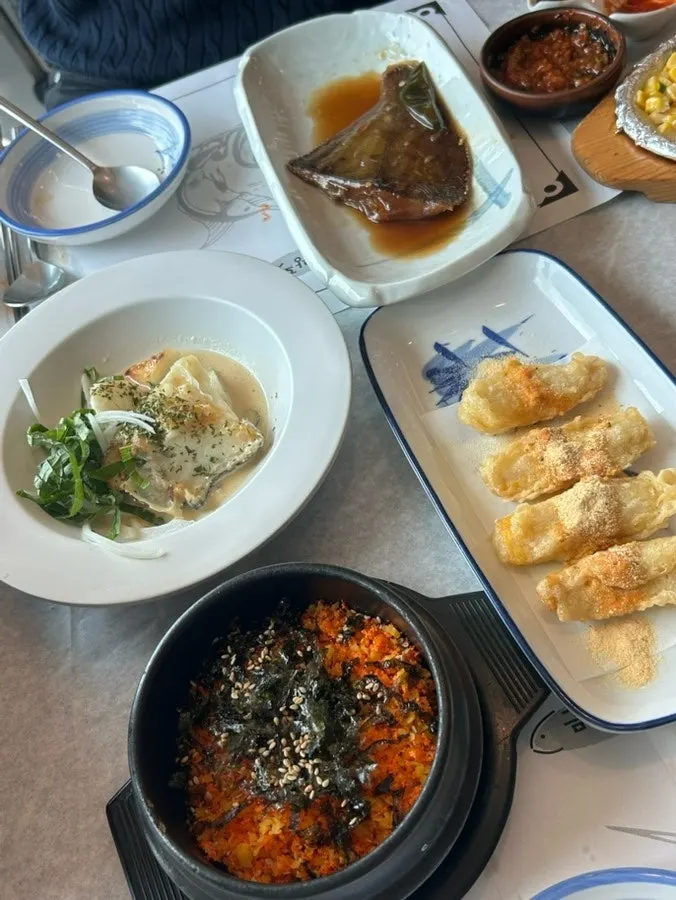 Braised flounder and grilled mero fish steak