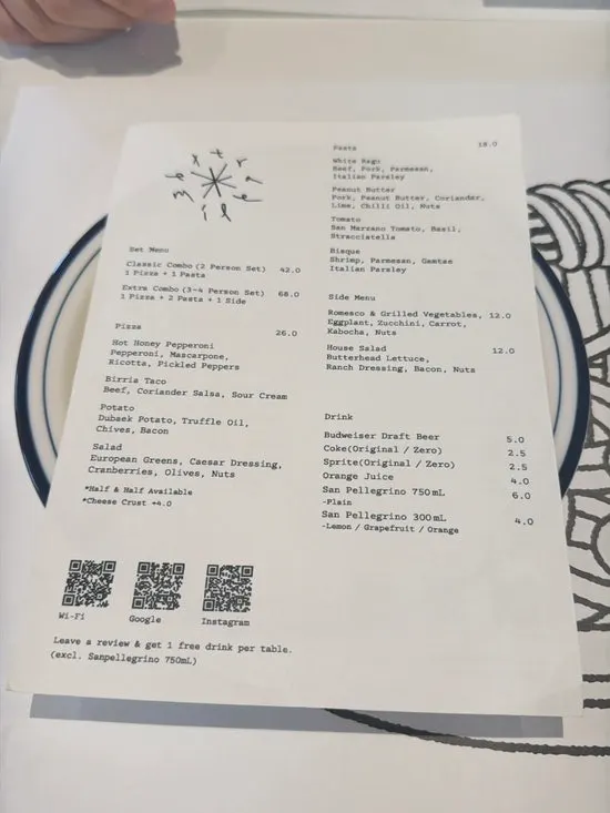 Menu page listing pizza and pasta