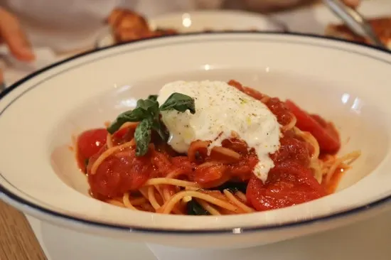 Close-up of the San Marzano tomato sauce pasta
