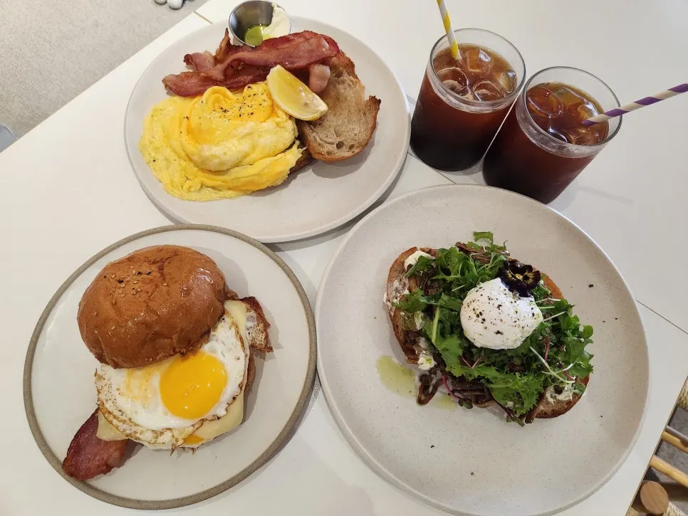 Brunch dishes and an Americano set on the table