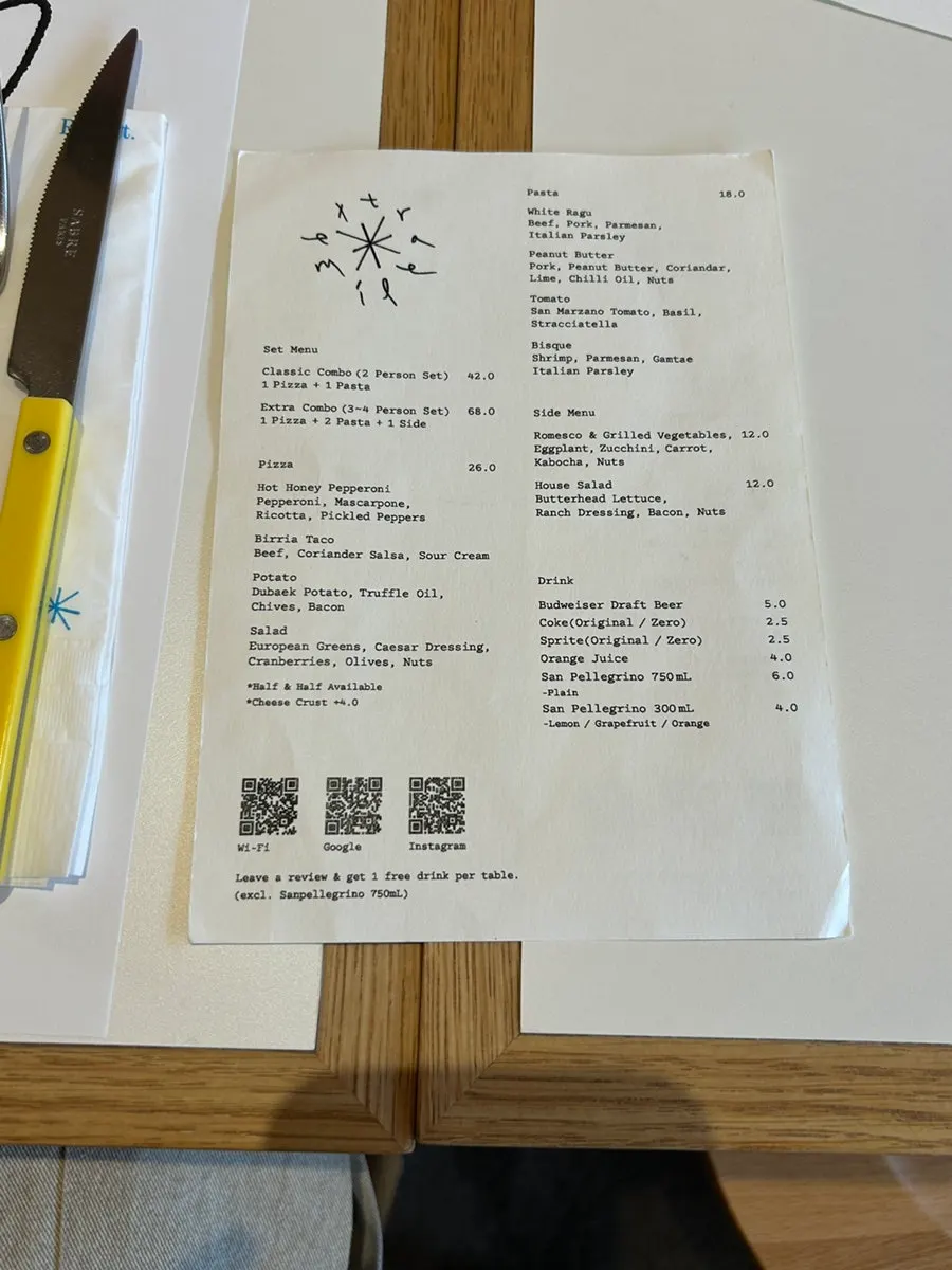 Extra Mile menu written in Korean and English