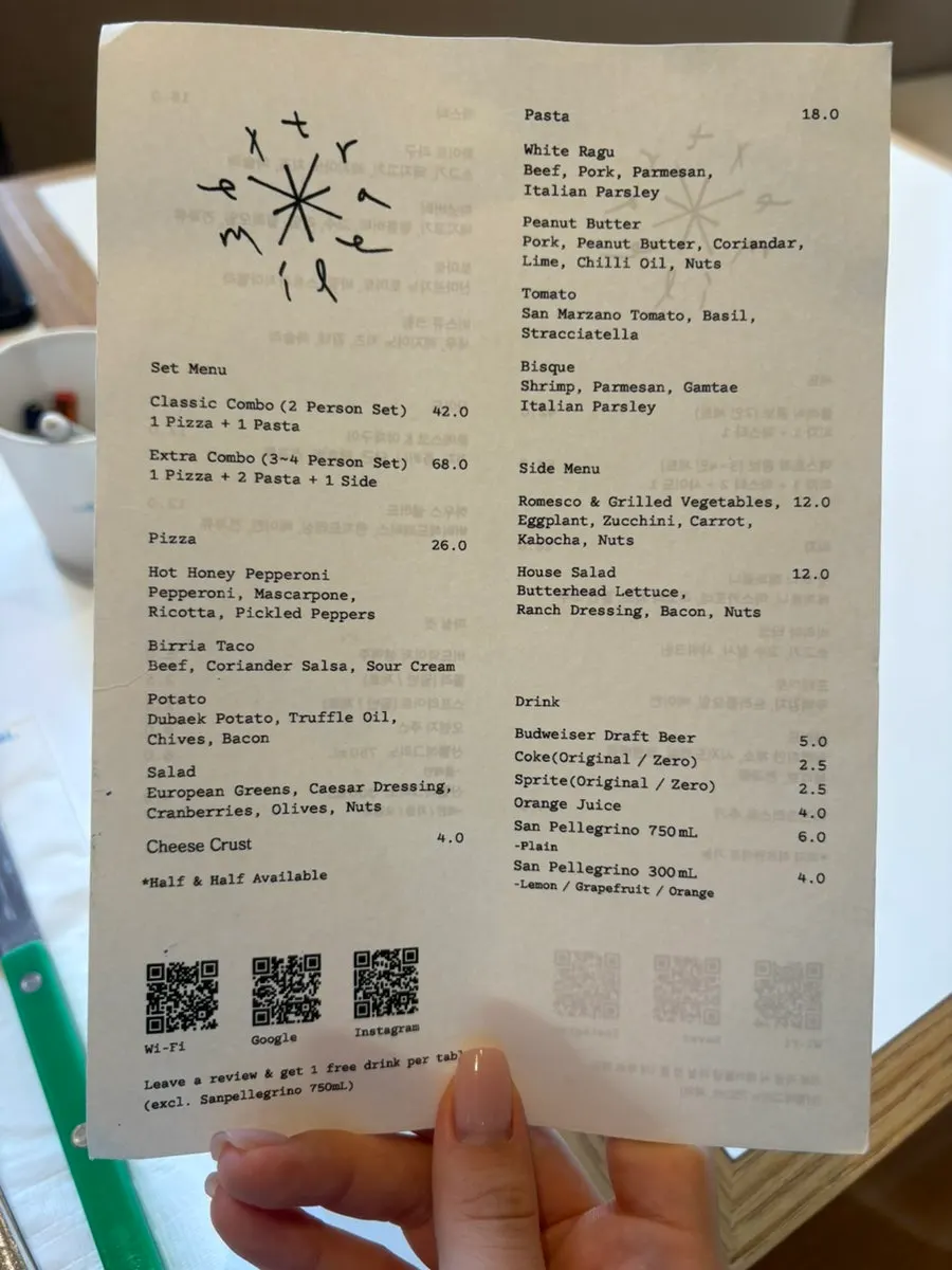 Menu board listing pizza and pasta combo sets