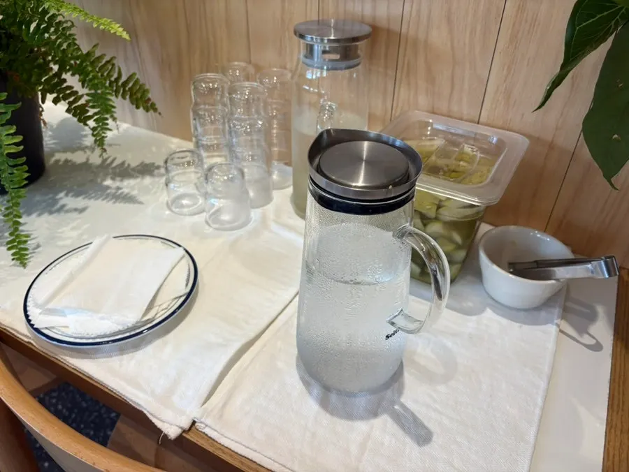 Self-bar where guests get their own water and pickles