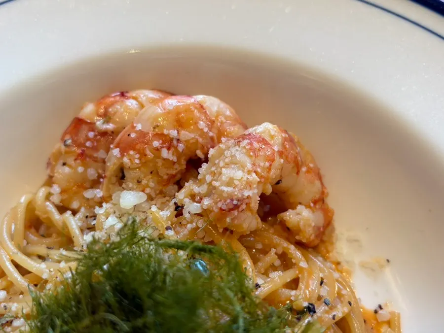 Close-up of bisque cream pasta noodles and sauce