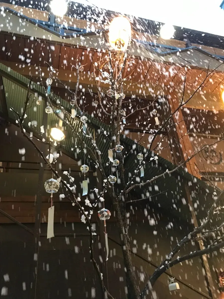 雪が降るBisyoku広安点の屋外スペース