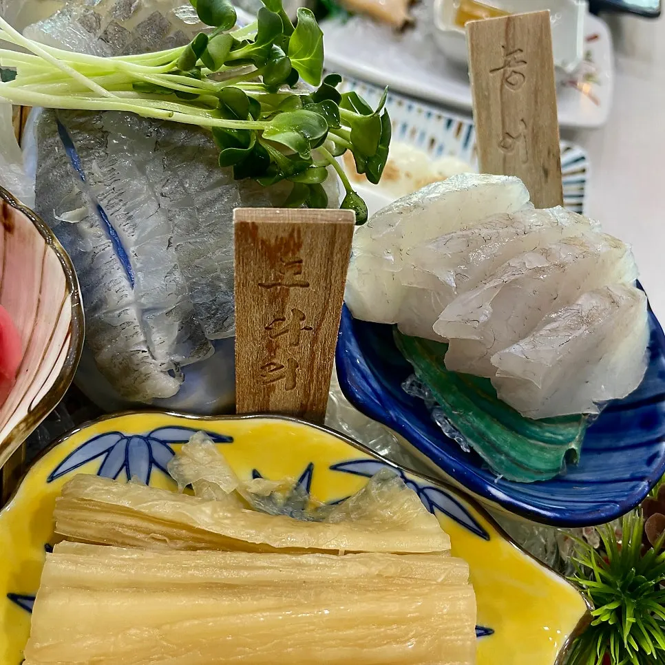 Assorted sashimi platter of flatfish, red seabream, flounder and sea bass