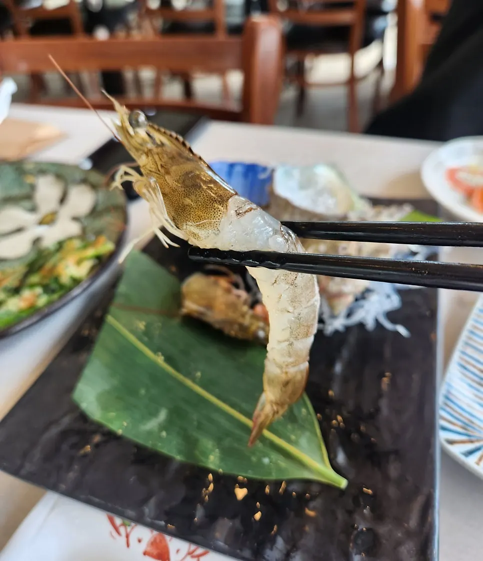 Plate of seasonal live shrimp and fresh seafood