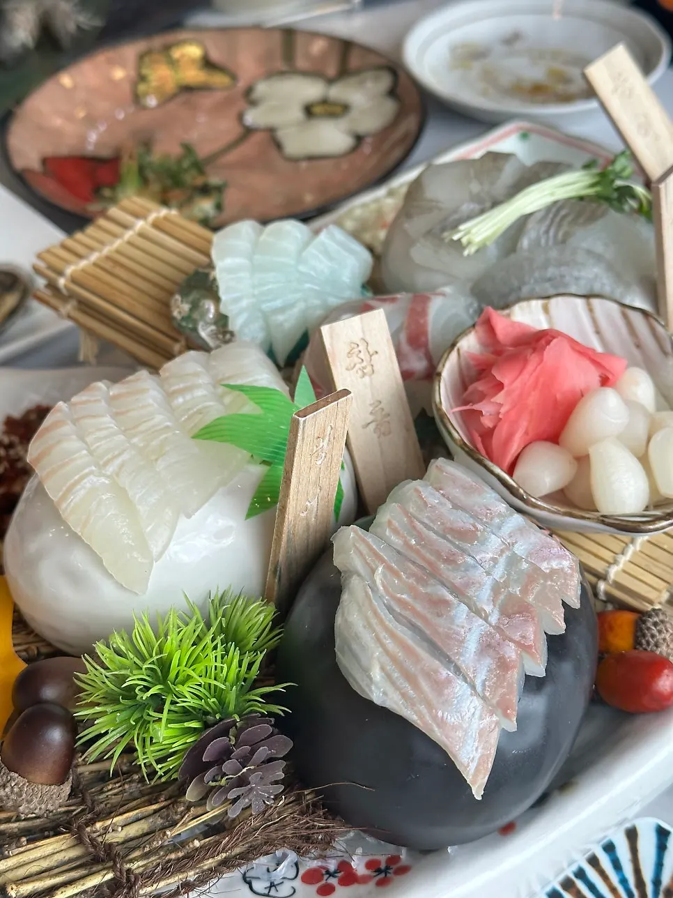 Assorted sashimi plate of red seabream, marbled flounder, sea bass and flatfish