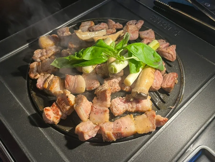 Pre-grilled meat and green onion on the pan