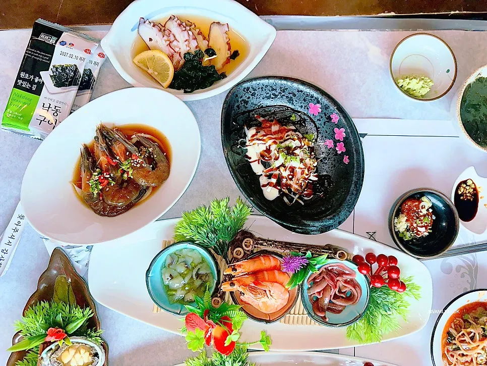 A full spread of raw seafood