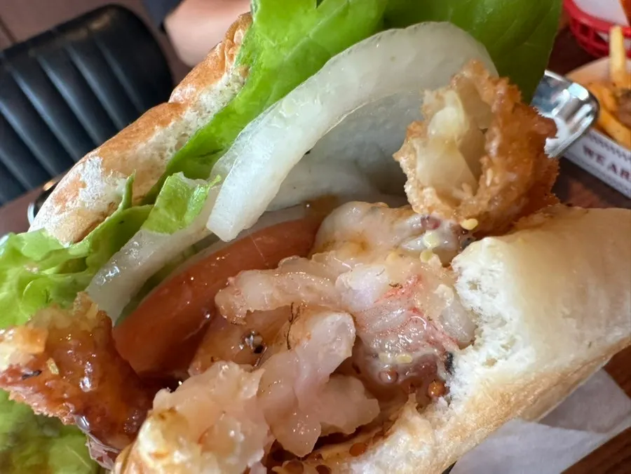 Cross-section of the Wasabi Mayo Shrimp Burger with whole shrimp