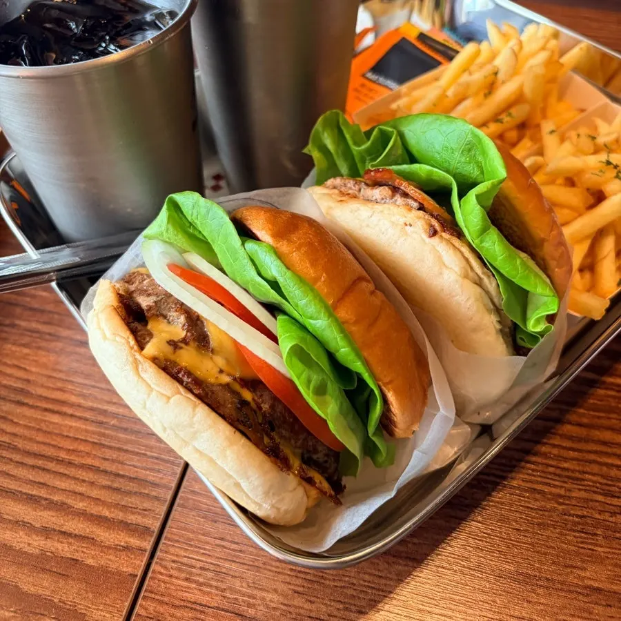 Burgers served as a set with sides and drinks