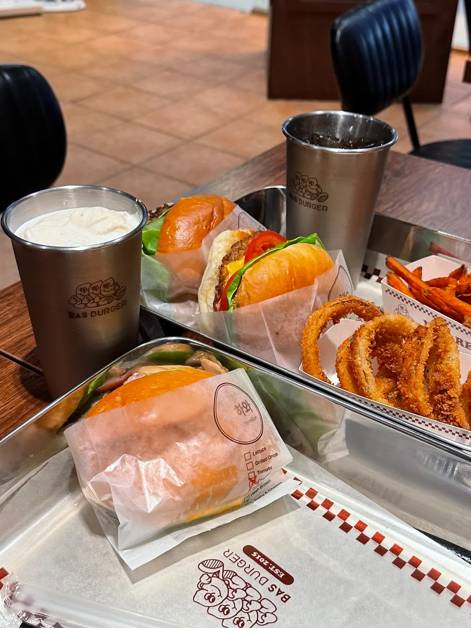 Base Burger set with sweet potato fries and cornflake milkshake
