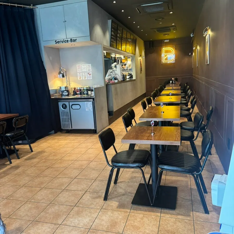 Clean seating area at Base Burger