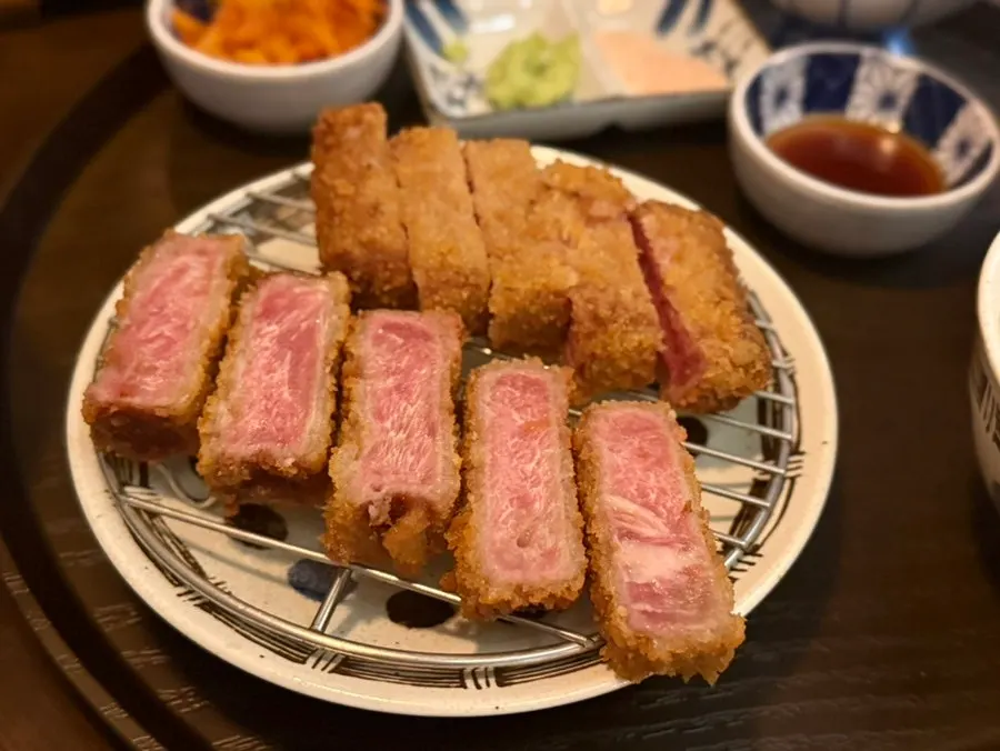 A piece of tenderloin gyukatsu, thicker than the striploin cut