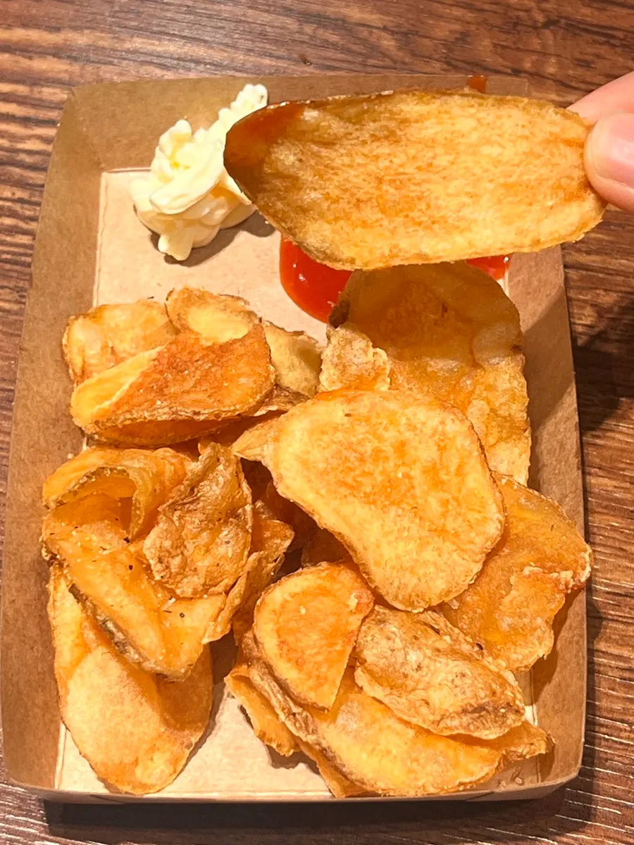 James potato chips scooped onto a tray