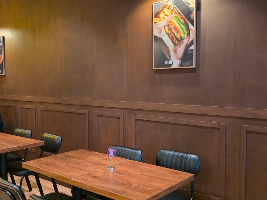 Base Burger interior with an open kitchen