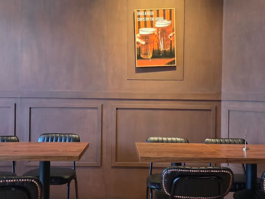 Clean indoor seating at Base Burger