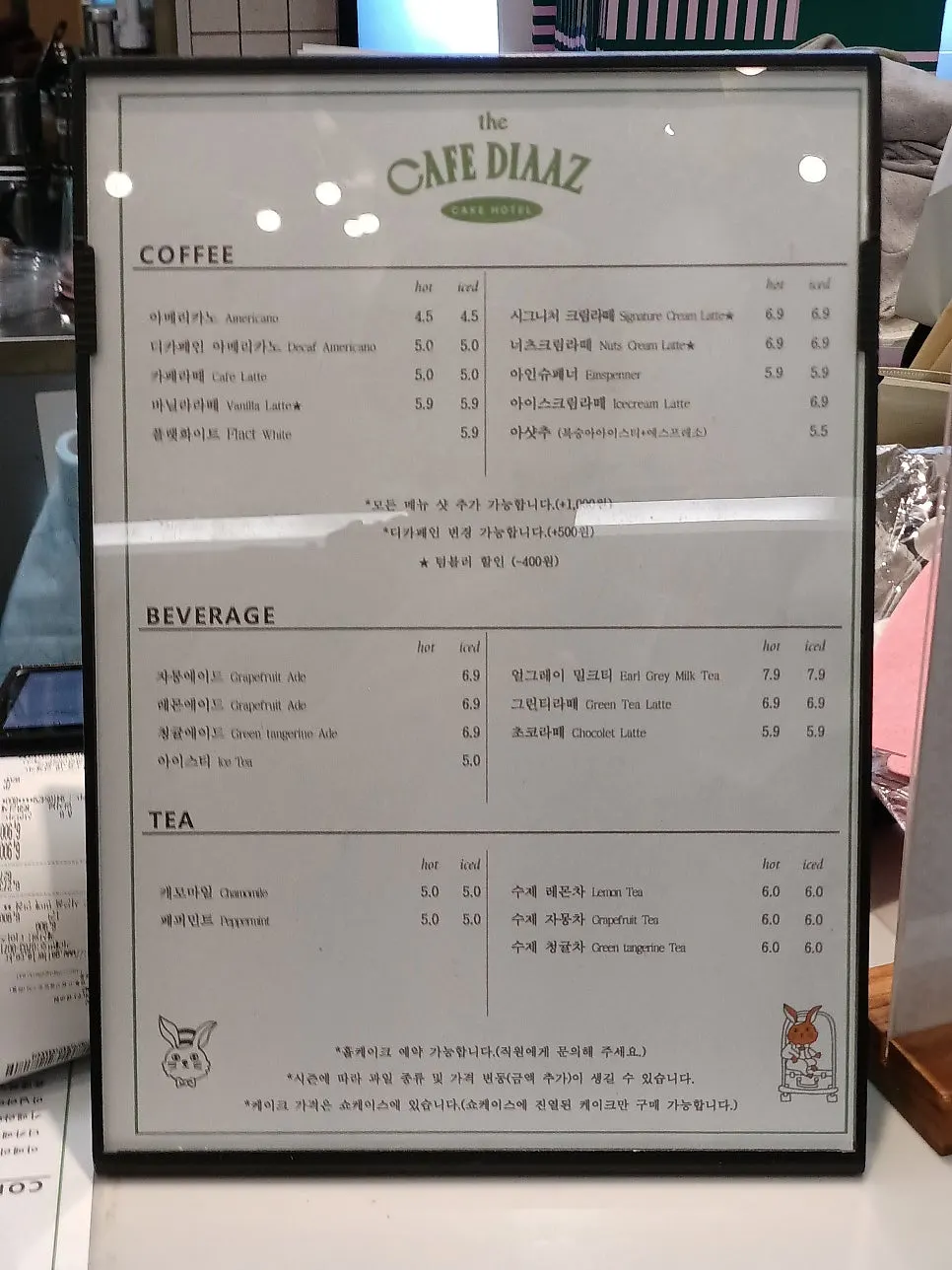 Photo of the Café Diaz menu with prices