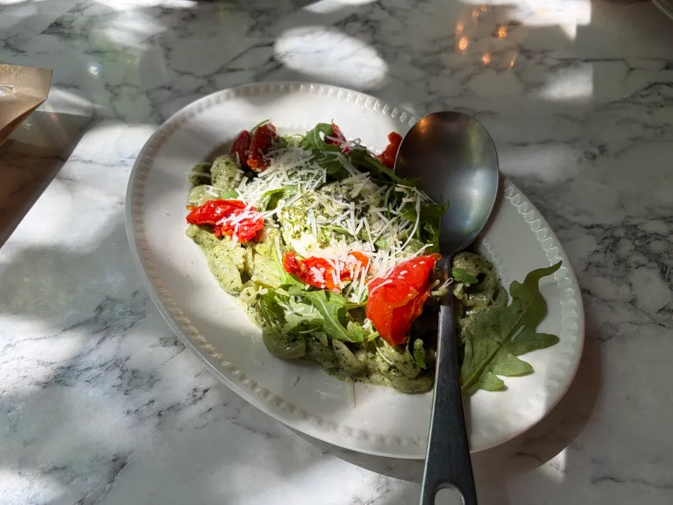 Shell-shaped pasta tossed in basil cream sauce