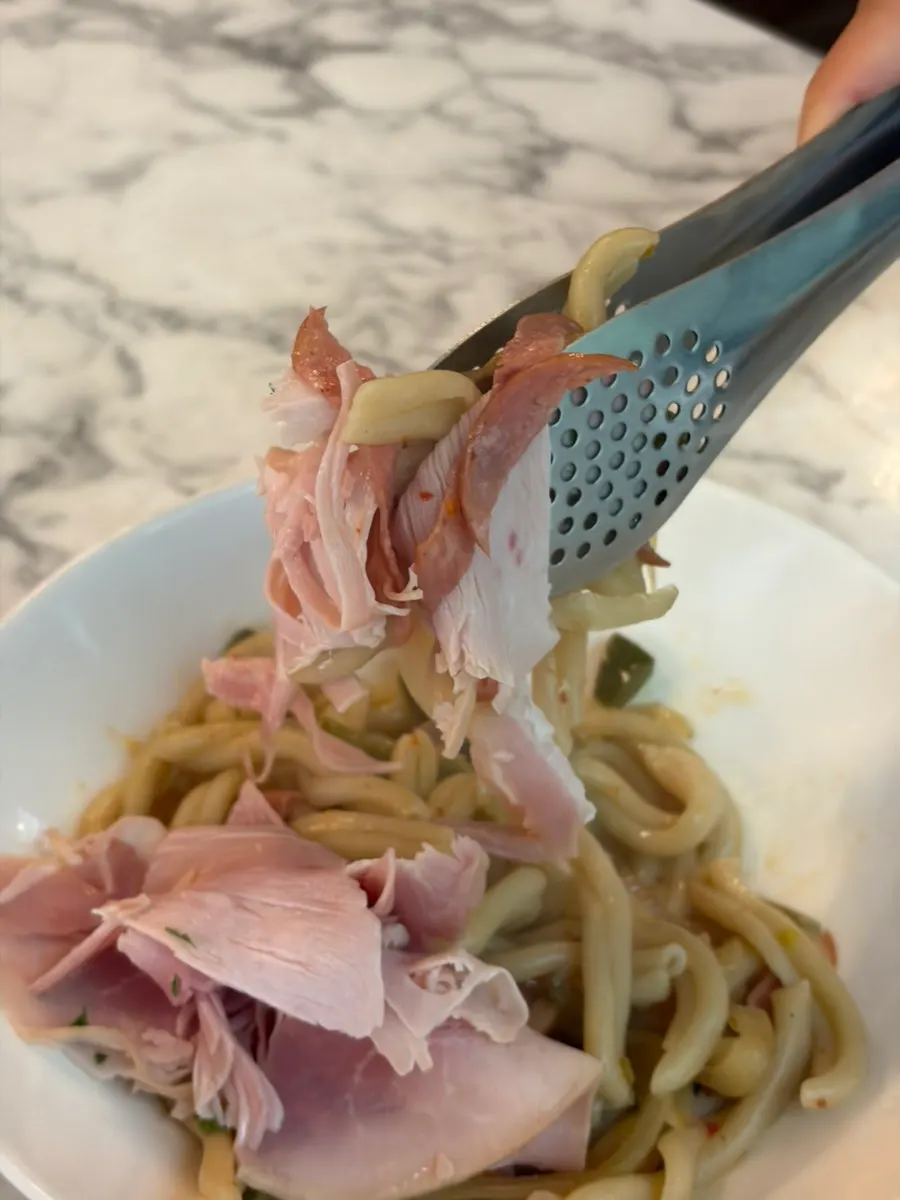 Oil pasta with pickles and olives