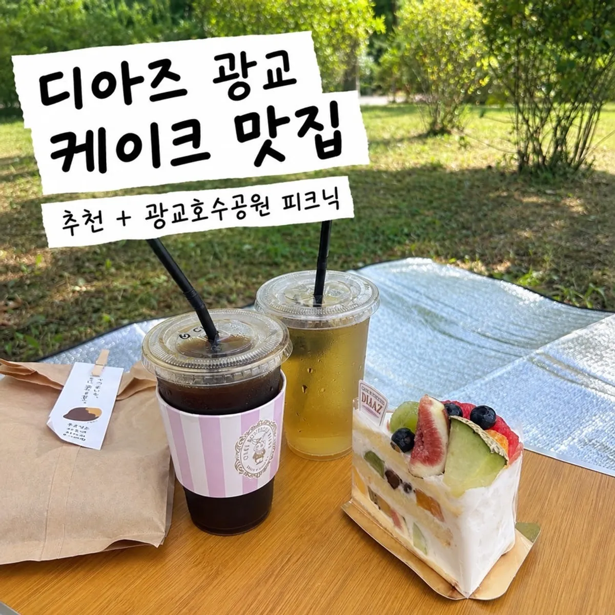 Main shot of Café Diaz fruit slice cake and the Gwanggyo Lake Park picnic