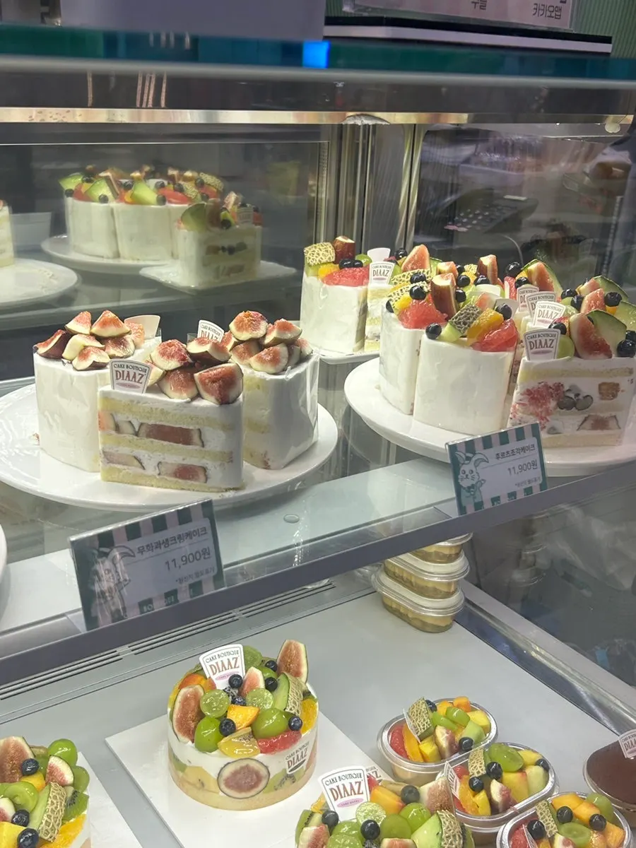 Close-up view of the Café Diaz dessert display case