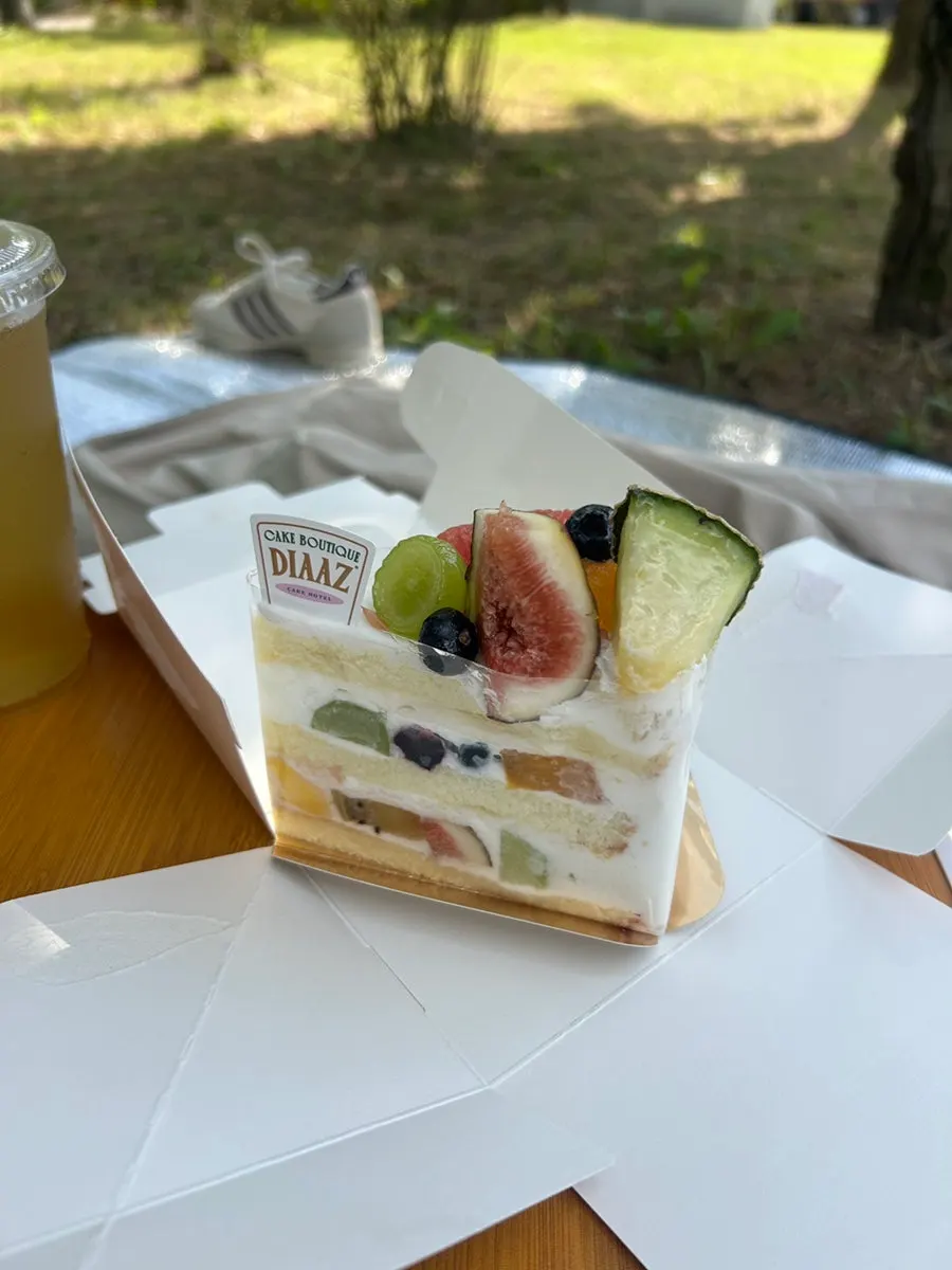 Cross-section of the fruit slice cake packed with fruit