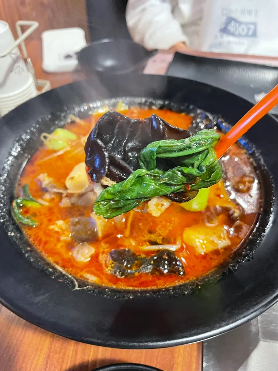 고기와 채소가 들어간 붉은 마라탕