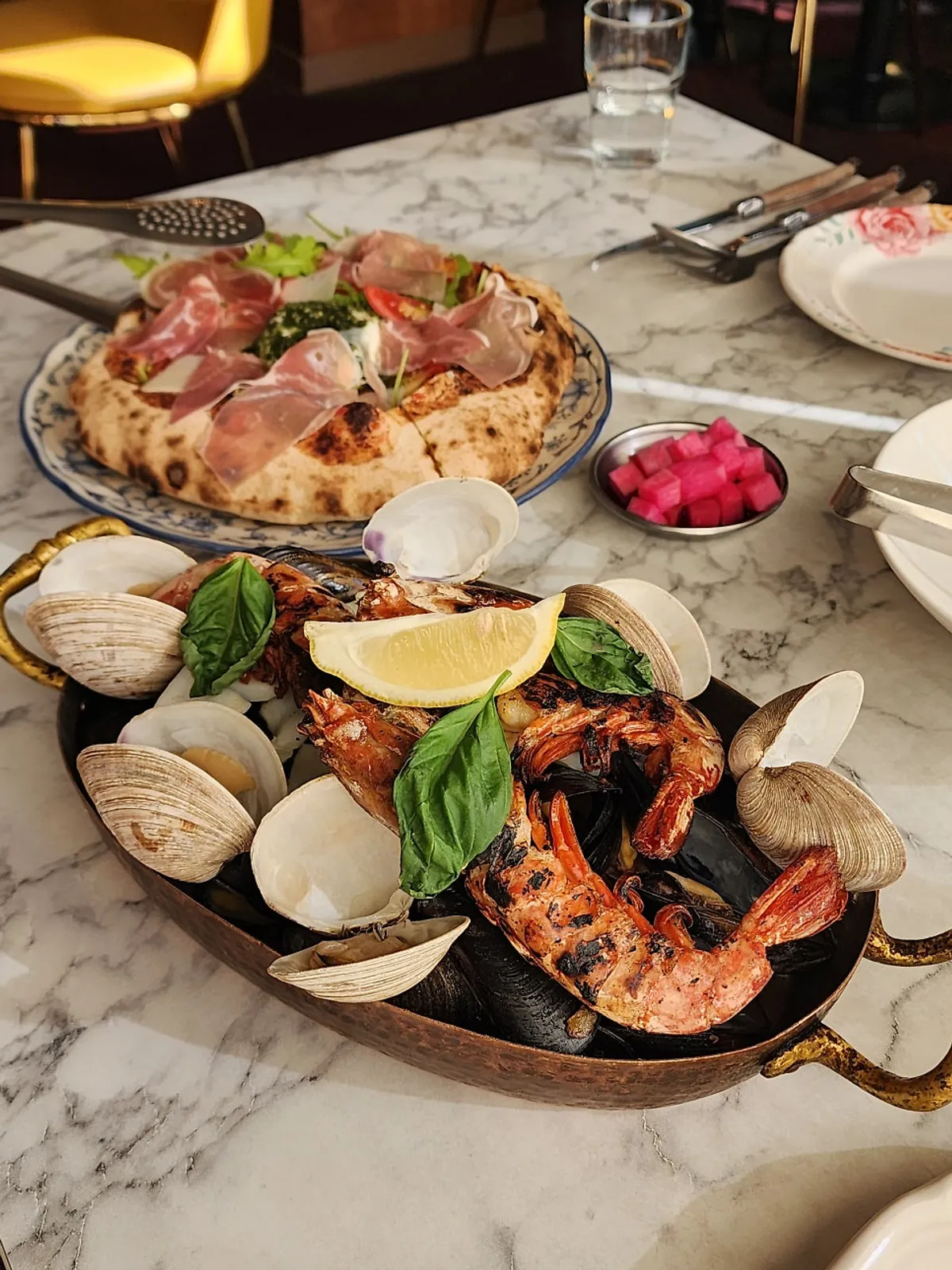 Close-up of the seafood-packed tomato pasta
