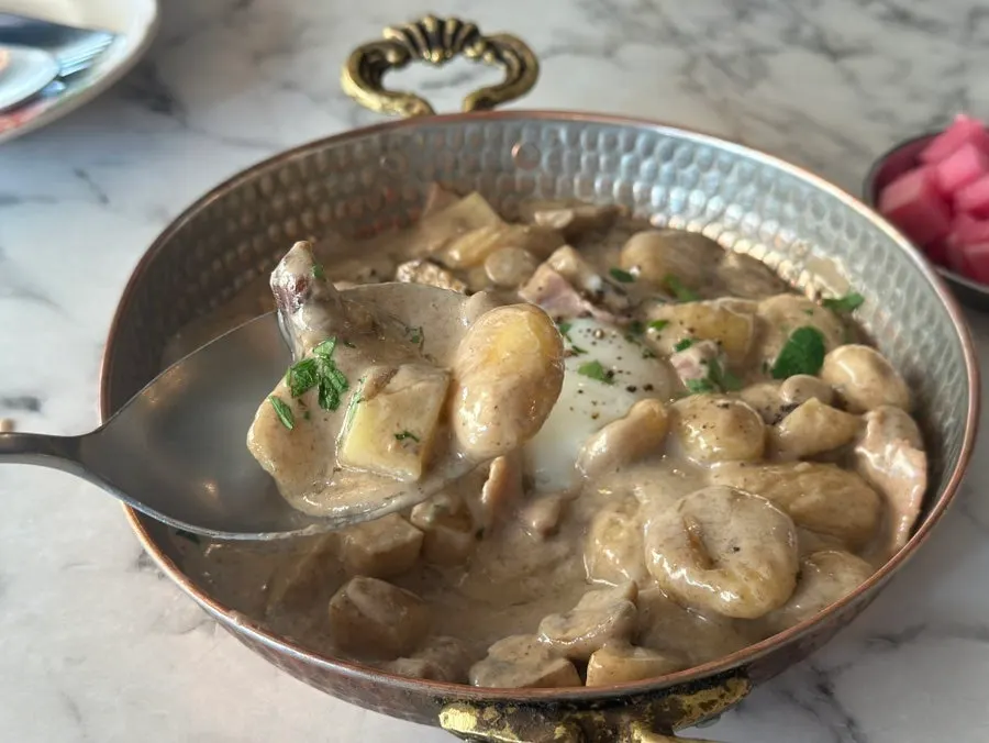 A spoonful of gnocchi lifted with mushrooms