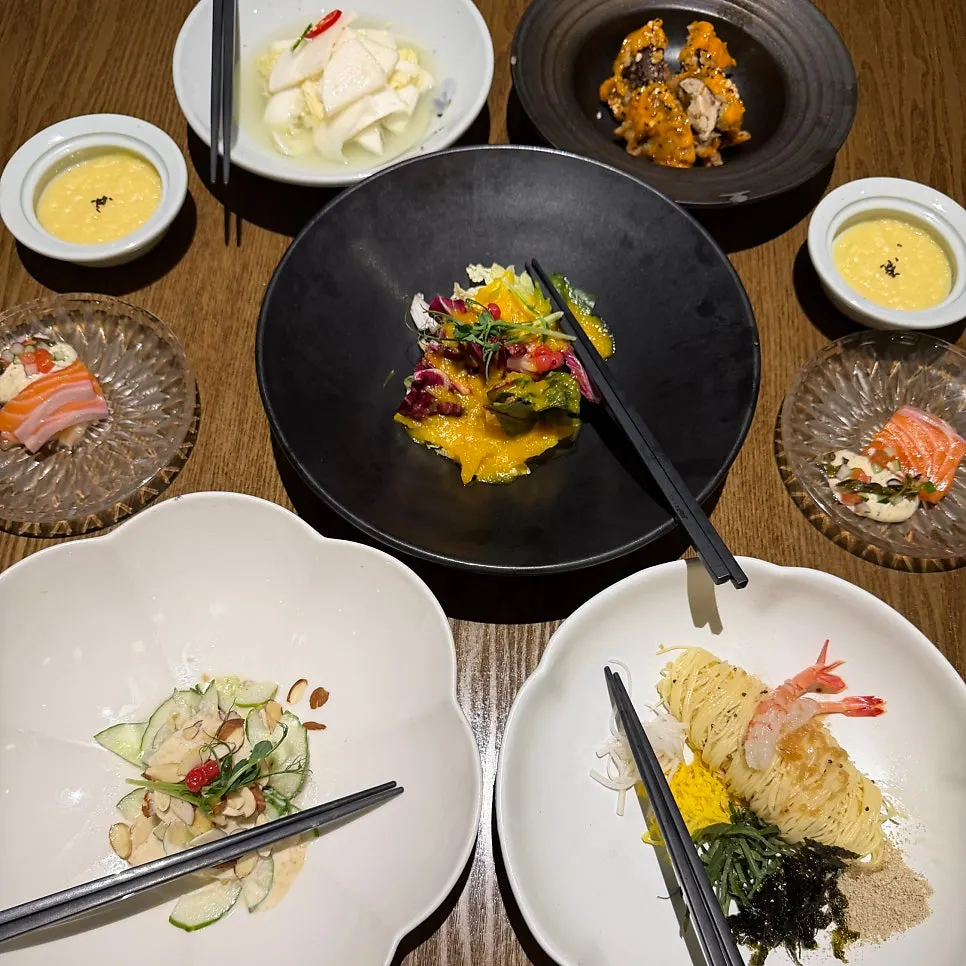 Gwanghwamun Korean set meal with abalone, marinated shrimp, and butter rice