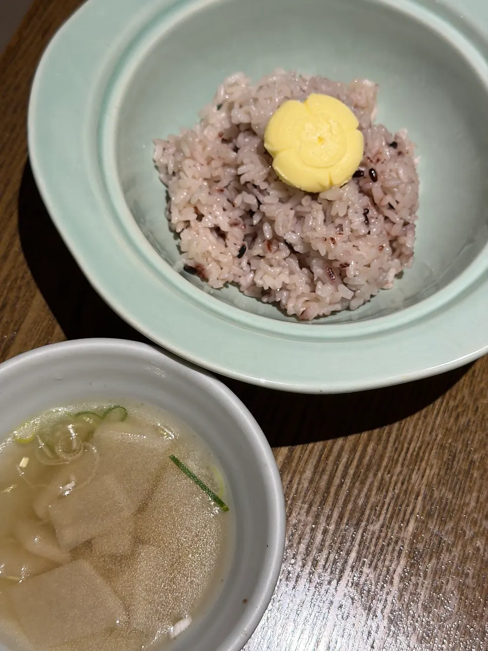 Rich butter rice and mild radish soup