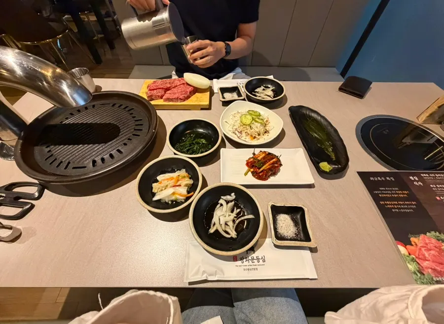 Spread of banchan to pair with the meat