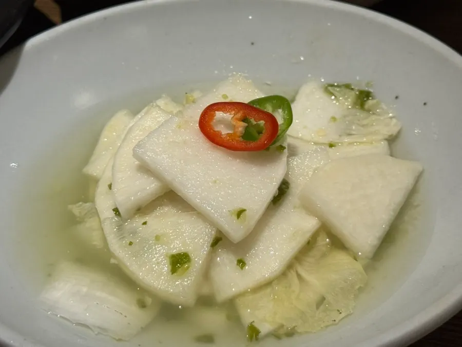 Mustard vegetable appetizer with pine-nut sauce