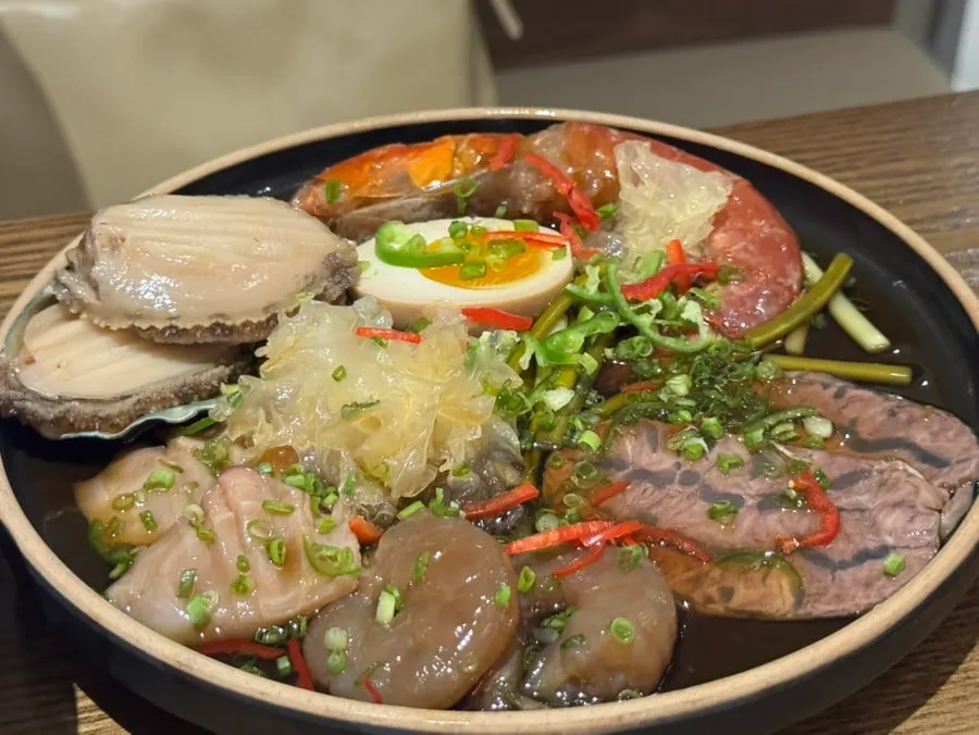 Jindo green onion crispy bulgogi and abalone soy-marinated shrimp
