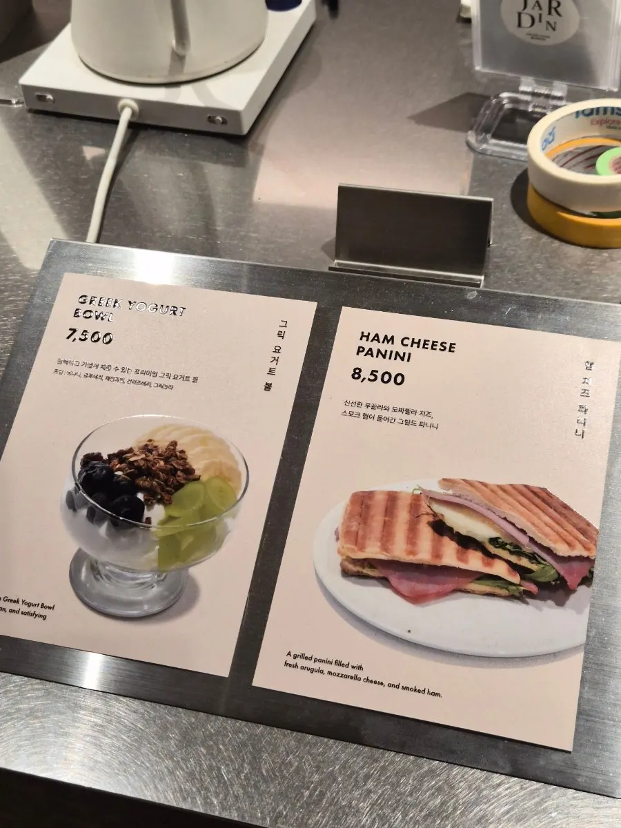 Greek yogurt bowl and panini food menu