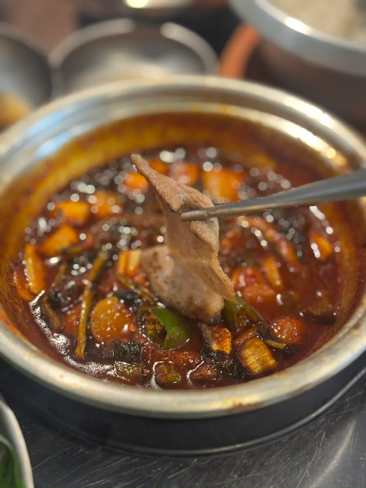 Close-up of thinly sliced, well-seasoned charcoal bulgogi