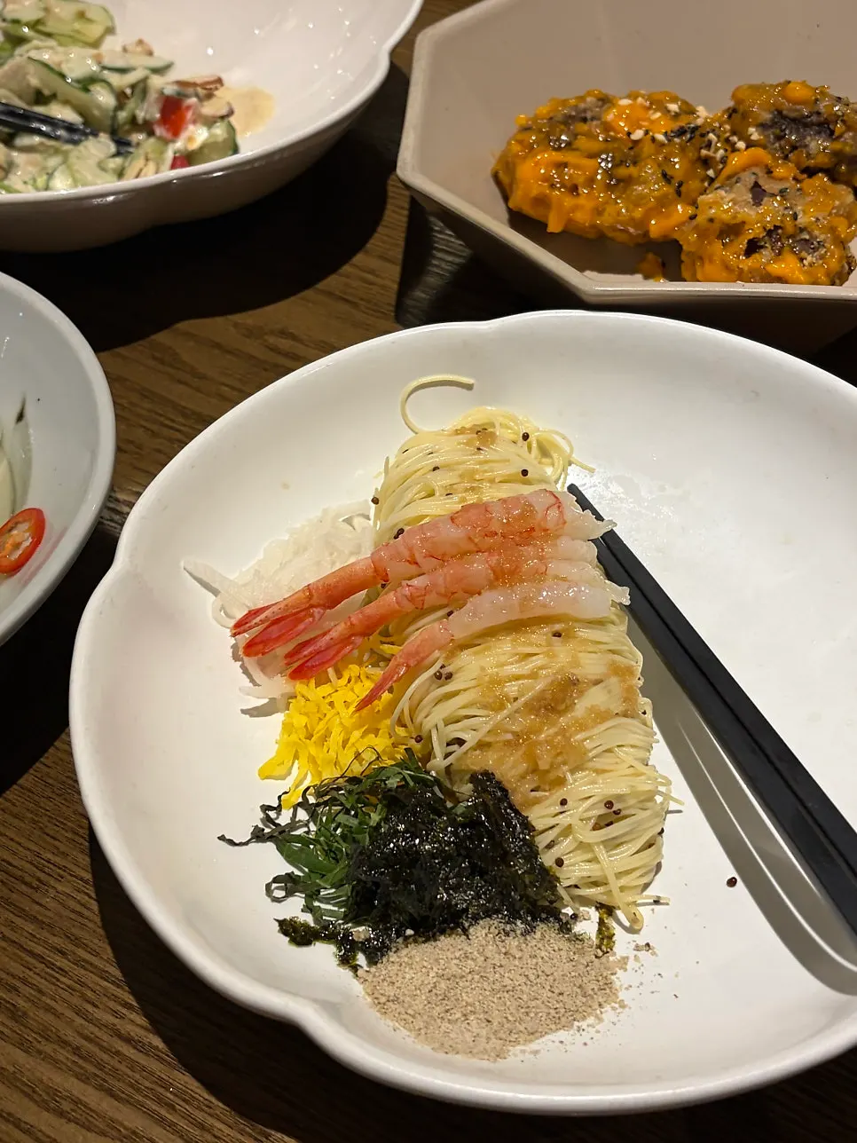 Salmon and pickled-vegetable ceviche course dish