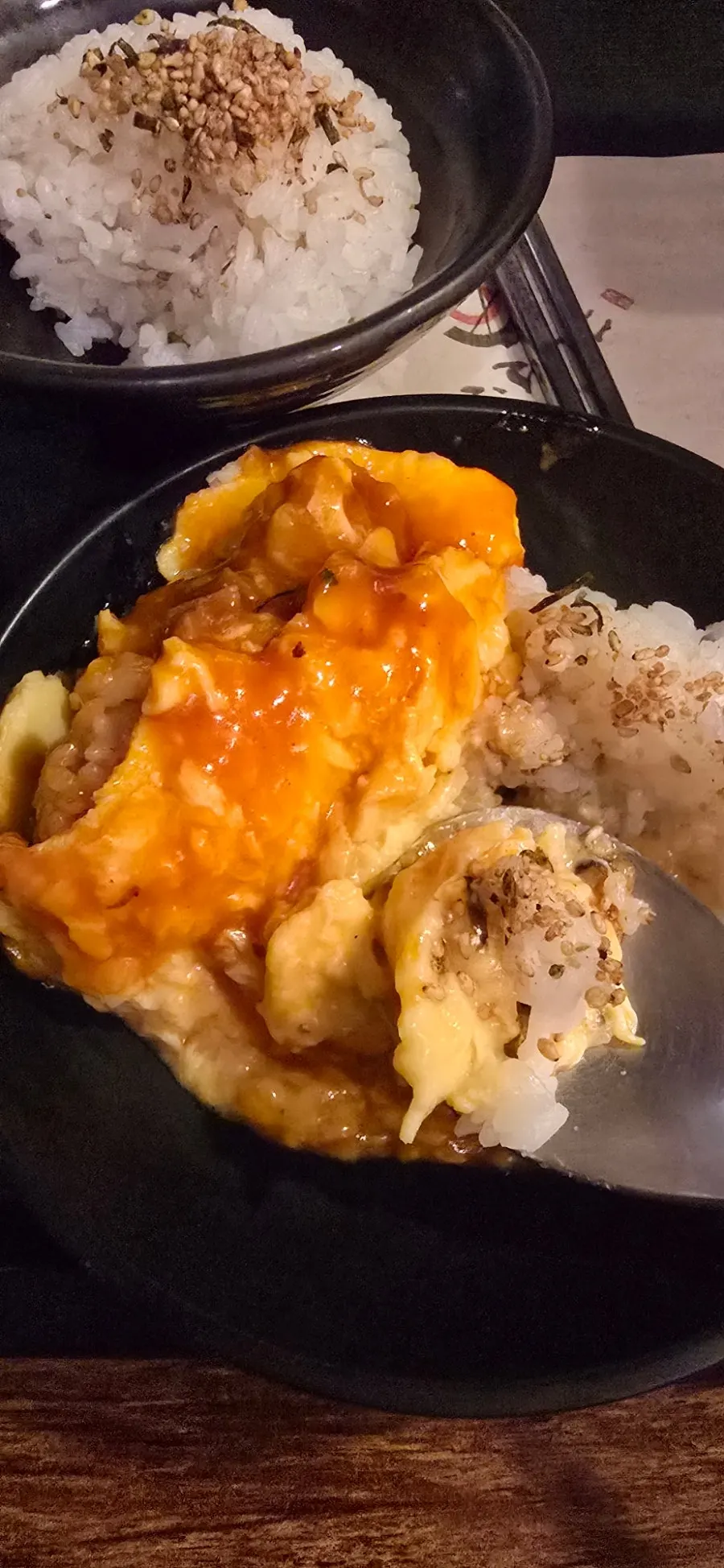 Gyukatsu and omurice served together on the table