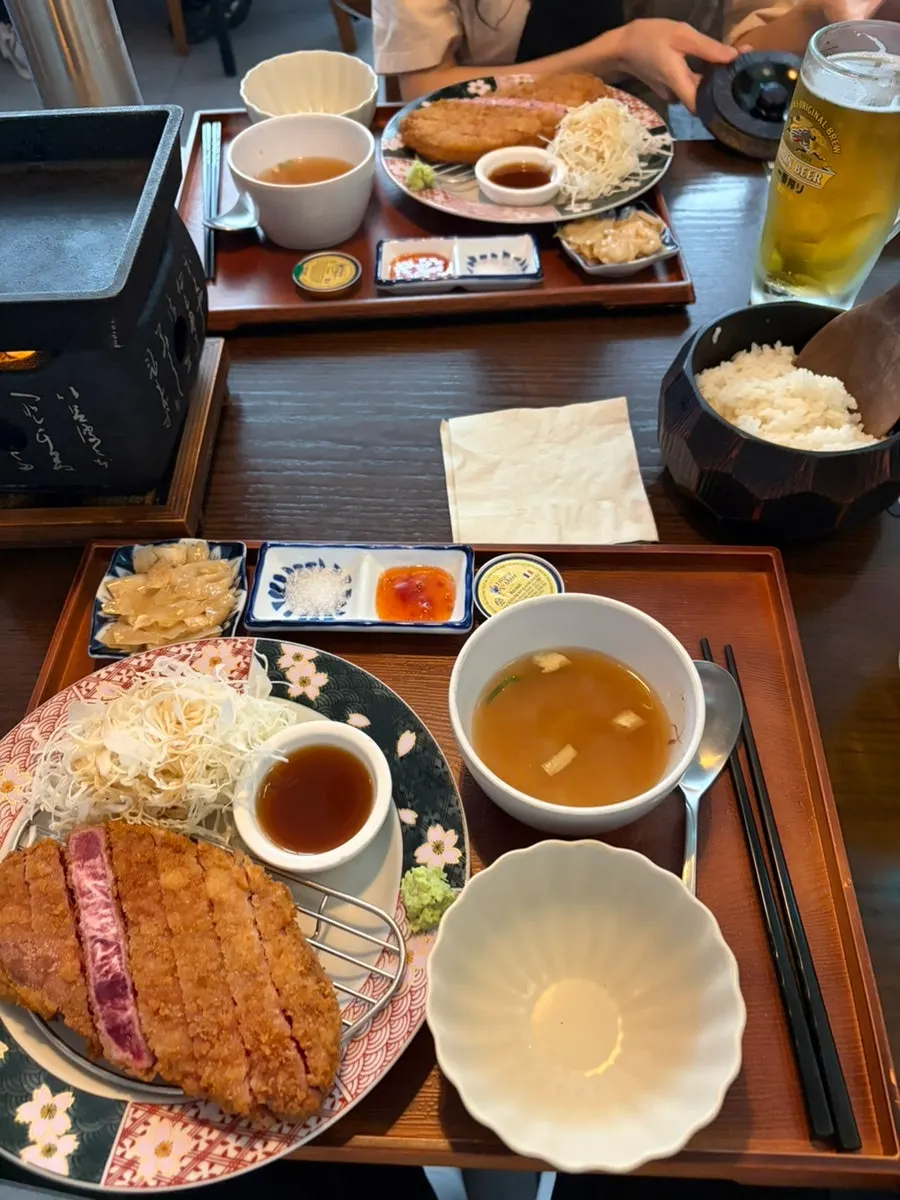 A plate of gyukatsu showing its bright red interior