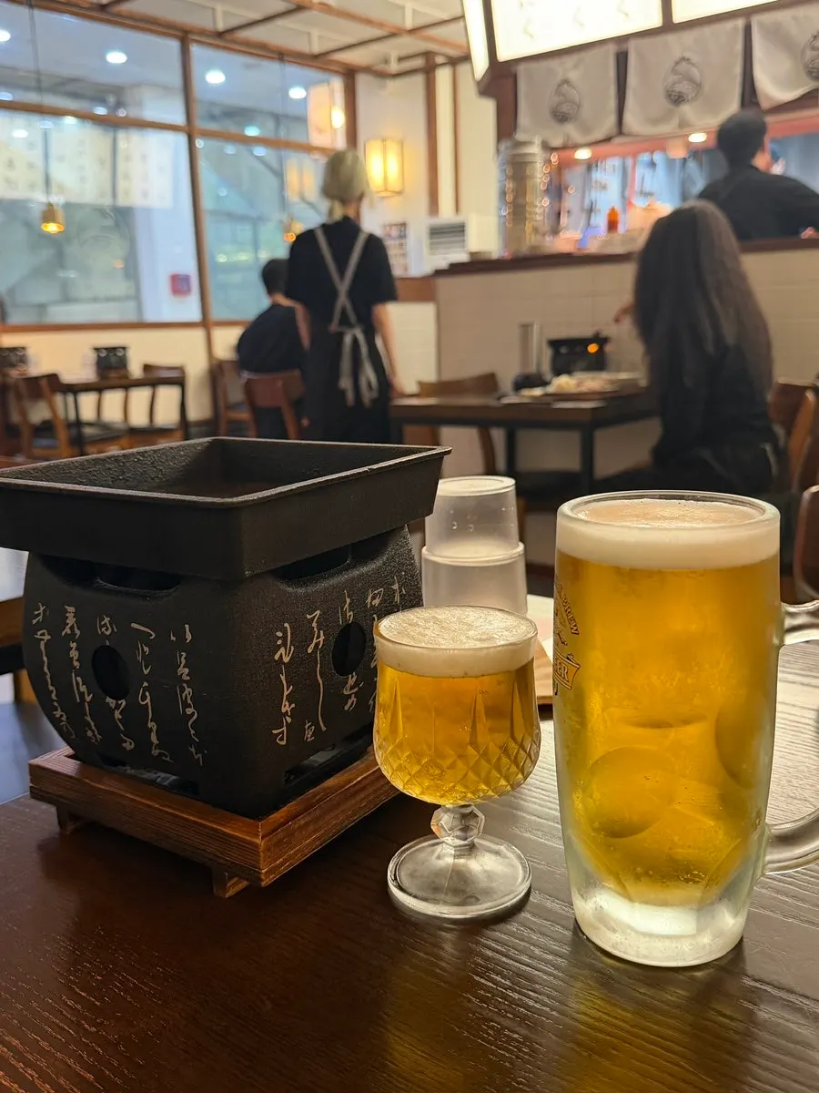 기린 생맥주 420ml와 한입 맥주 200ml 두 잔