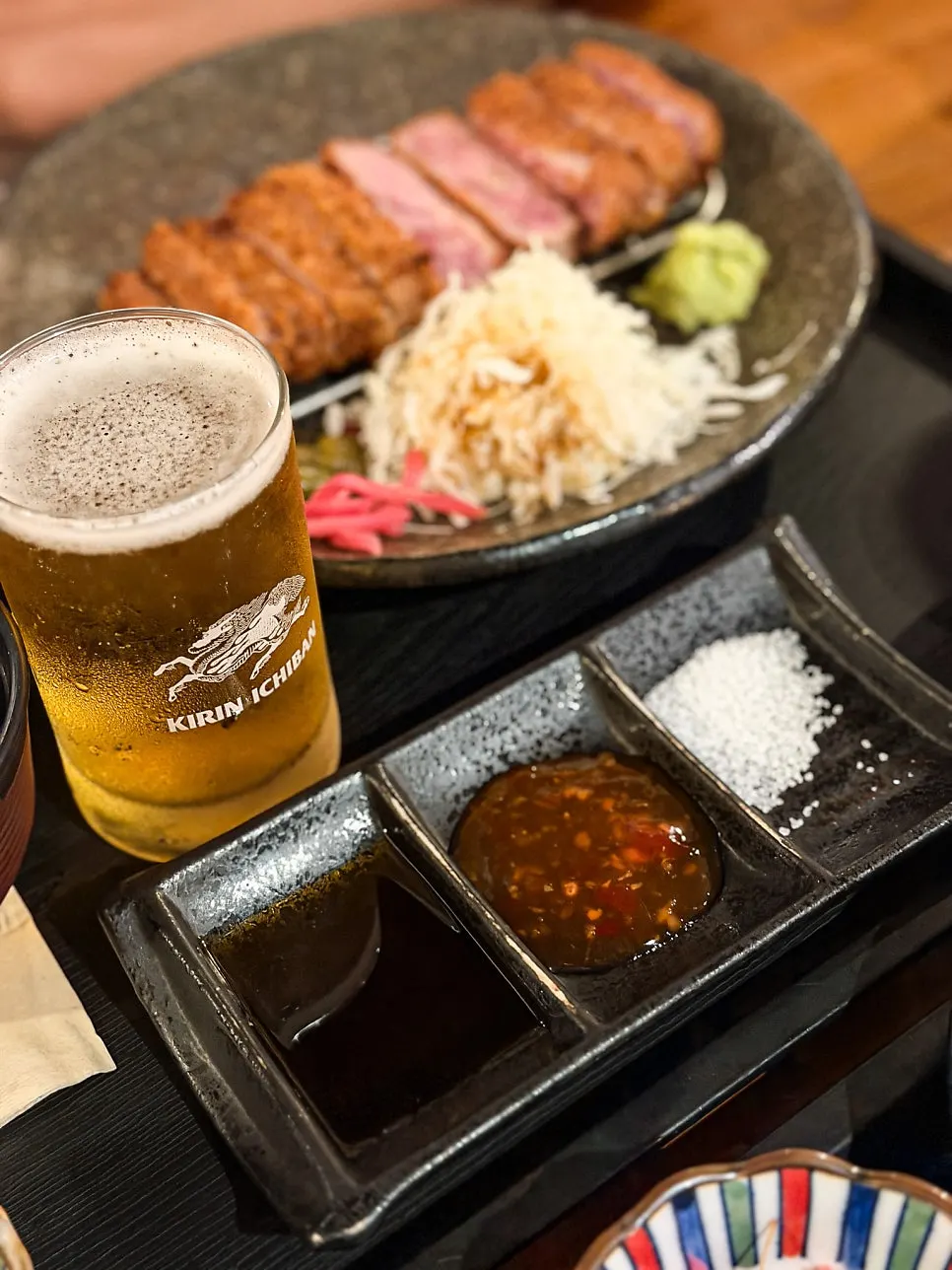 Three sauces served with the gyukatsu