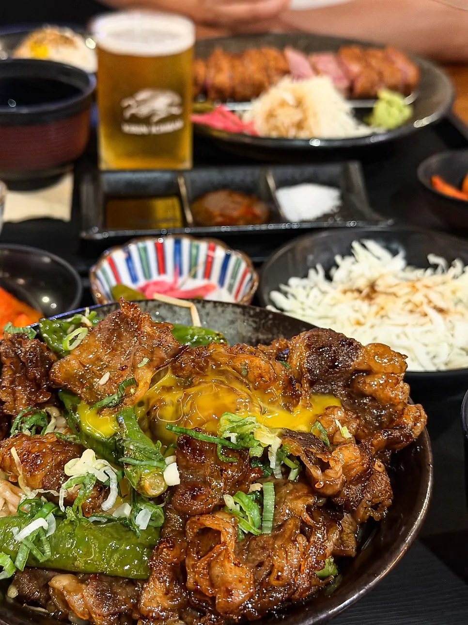 A mountainous portion of beef belly rice bowl