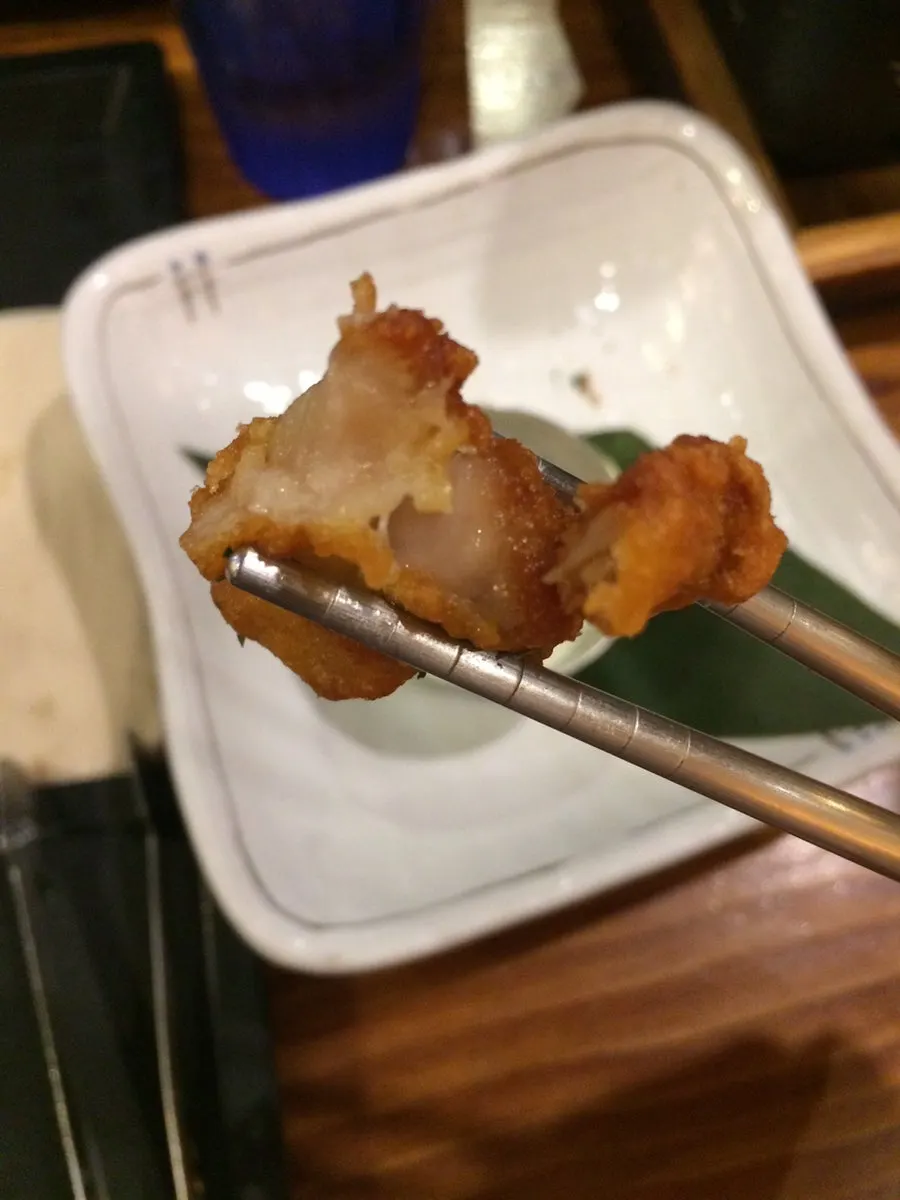 Close-up of a bite-sized piece of karaage
