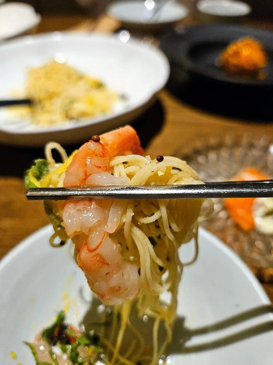 Perilla oil noodles topped with dried baby shrimp