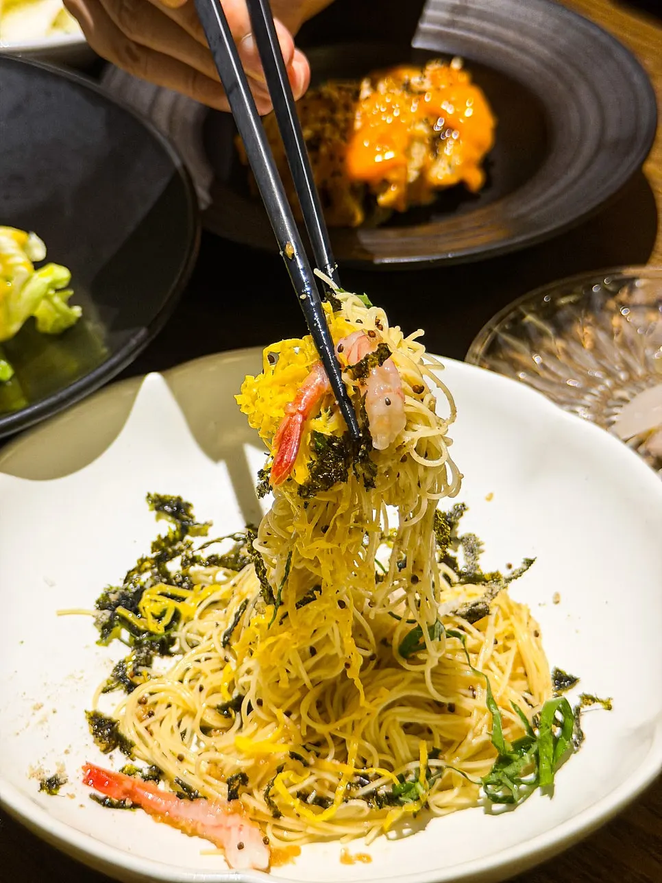 Close-up of the perilla oil cappellini noodles