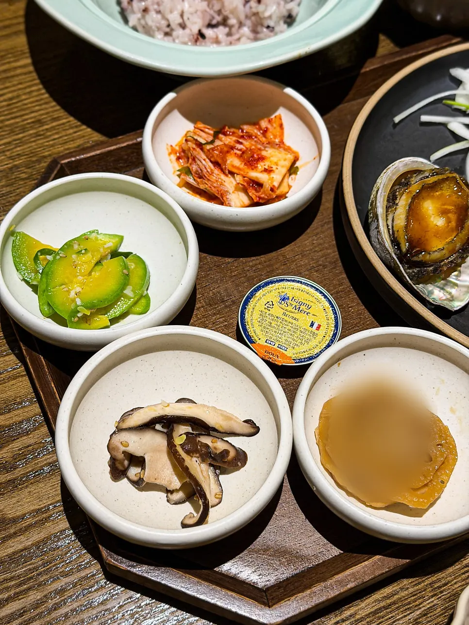 Main course spread of abalone shrimp jang and abalone tteokgalbi