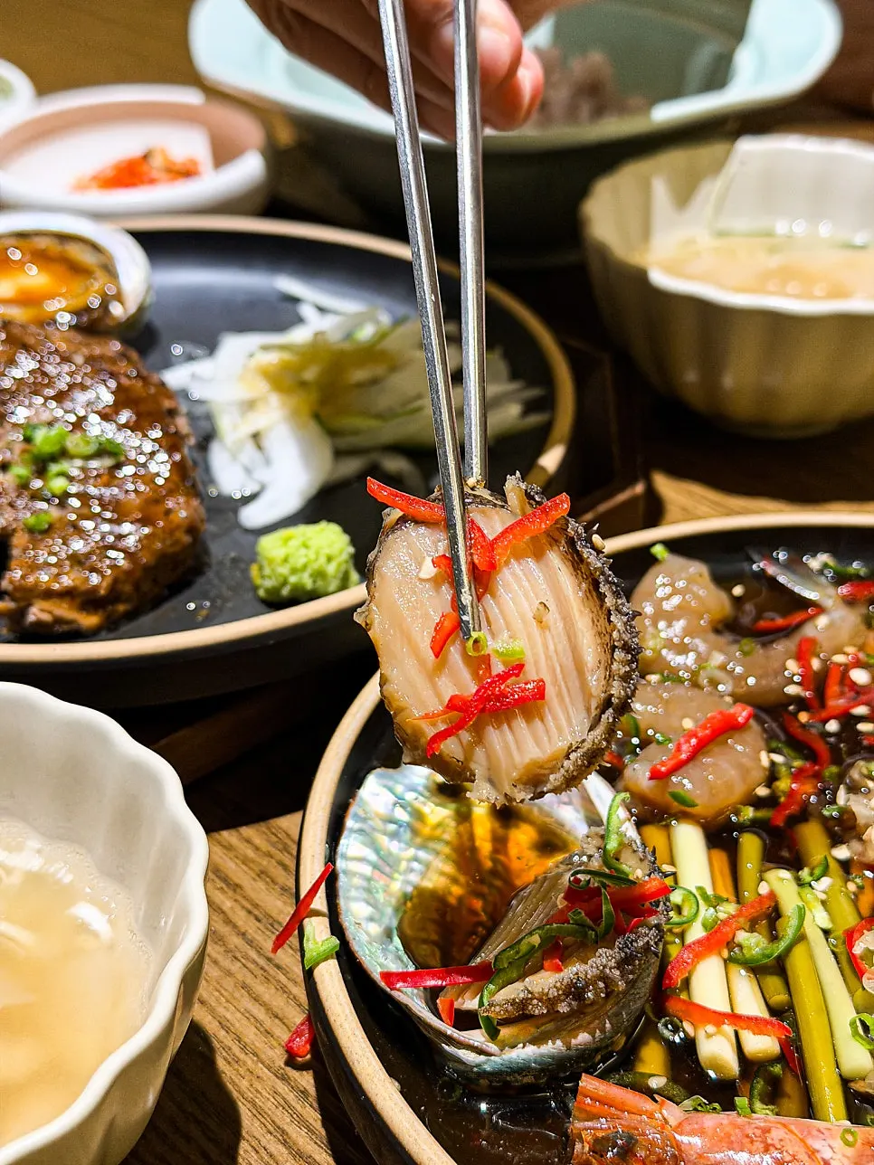 Seafood ingredients inside the abalone shrimp jang