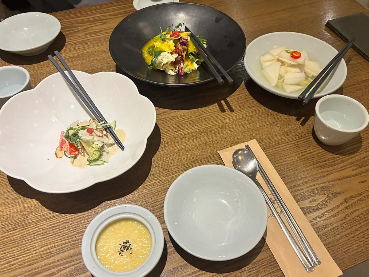 Citron dressing salad and pine nut sauce mustard vegetables